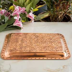 Plateau décoratif moderne en cuivre de qualité supérieure, gravé à la main avec motif abstrait, poignée, emballage individuel, qualité vintage - Product Image 5
