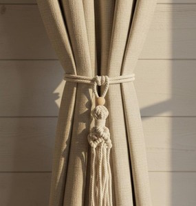 Bohemian Macrame Curtain <b>Tieback</b> – Natural Cotton Rope & Wood Bead – White Window Treatment – Nordic Living Room Decor - Product Image 1