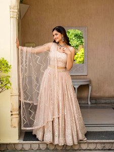 Peach Georgette <b>Lehenga</b> Choli Real Mirror Work Embroidered <b>Lehenga</b> Choli - Product Image 4