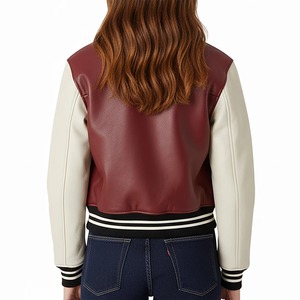 Women's Red White Varsity Jacket Full Sleeve Turn Down Collar Zipper Closure PU Leather Material Regular Fit Autumn Style - Product Image 4