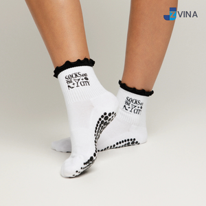 Custom Text Embroidery Letter Ruffles Cuff Pilates Socks Mid-crew Comfort Terry <b>Sole</b> Women's Grip Compression JZVINA Vietnam - Product Image 2