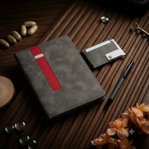 Aurelux Luxury Corporate Gift Set Premium Grey Leather Case Bound Diary 192 Pages Executive <b>Business</b> <b>Card</b> <b>Holder</b> Black Ballpoint - Product Image 4