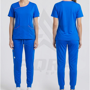 Ensemble de blouses médicales pour femmes, col asymétrique, passepoil contrastant, deux poches, pantalon à taille élastique, uniforme d'infirmière, tenue de travail, vente en gros - Product Image 4