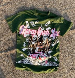 T-shirt vert imprimé « Money Over Lust » pour homme, style streetwear, manches courtes, col rond, coupe classique, en coton, prix de gros, OEM - Product Image 1