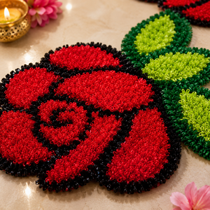 Ensemble de 6 tapis floraux faits à la main en forme de rose pour la décoration de la Pooja, de l'entrée, du Rangoli, de Diwali, des mariages et des festivals – Tapis de sol réutilisable - Product Image 2