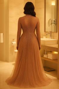 ชุดราตรีผ้าซีควินสีโรสโกลด์สั่งตัดพิเศษ ประดับลูกปัดลายดาวหรูหรา คอสูง แขนยาว ยาวถึงพื้น สำหรับงานพิธีการ - Product Image 3