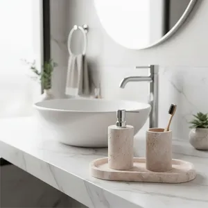 Hot Selling Best Quality Beige Marble Luxury Eco-Friendly Durable <b>Bathroom</b> <b>Accessories</b> <b>Set</b> Use for Home and Restaurant - Product Image 4