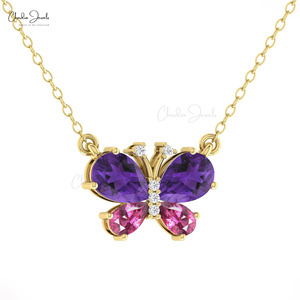 Nouveau Collier Papillon en Améthyste et Grenat Rhodolite 7x5mm, Or Massif 14 carats, Inspiré des Diamants, Bijou Tendance - Product Image 1