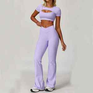 Ensemble de yoga pour femme le plus vendu, faible MOQ, couleur unie, écologique, respirant, logo frontal, 2 pièces, haute qualité - Product Image 6