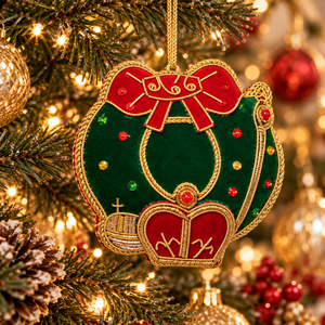 Handcrafted Christmas <b>Wreath</b> Zari Hanging with Beaded Embroidery – Festive Holiday Wall & Tree Decoration Ornament - Product Image 2