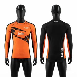 Maillot de bain en jersey de polyester et élasthanne de qualité supérieure, 200 GSM, orange et noir, panneaux raglan, impression de logo personnalisée - Product Image 1