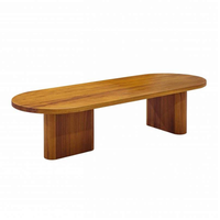 Table basse en bois moderne et minimaliste, écologique, avec surface ovale allongée et pieds asymétriques durables de style dalle