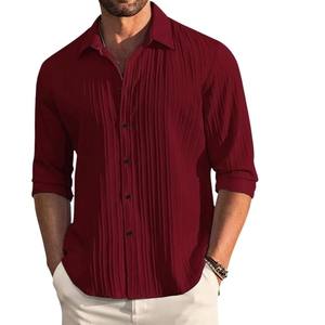Chemises décontractées pour hommes à boutons, chemise en lin à manches longues, chemise de plage texturée tendance pour l'été - Product Image 1