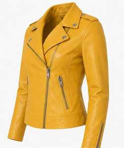 Veste moto en cuir jaune pour femme, manteau de motard à manches longues, fermeture éclair, col montant, style automne - Product Image 4