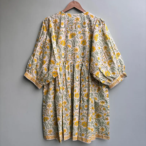 Robe décontractée pour femme, col en V, mi-longue, tissée, 100% coton, unie/à imprimé floral, doublure en coton, manches courtes, taille empire, style babydoll - Product Image 3