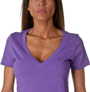 Camisetas de mezclilla con cuello en V para mujer, personalizables con logo, color oscuro, algodón transpirable, venta al por mayor, fabricante de camisetas de verano con cuello en V para mujer - Product Image 5