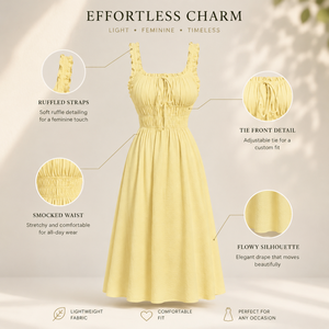 Vestido Midi Amarillo Fruncido para Mujer con Volantes, Tirantes y Lazo Delantero, Sin Mangas, Corte A, para Fiesta de Verano, Casual, Playa, Vacaciones, Elegante, Estilo Boho - Product Image 5