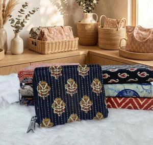 Floral Kantha Bohemian Embroidered Cotton Cosmetic Bag <b>Makeup</b> Pouch Zipper for <b>Case</b> Portable Travel Organizer Large Small - Product Image 1