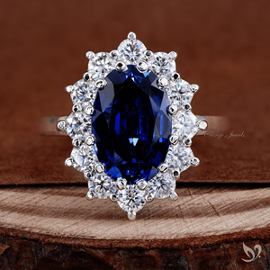 Royal Blue Oval Sapphire Ring 5.50 Ct Halo Engagement Ring Lab Grown Sapphire Diamond Halo White Gold Ring - Product Image 1