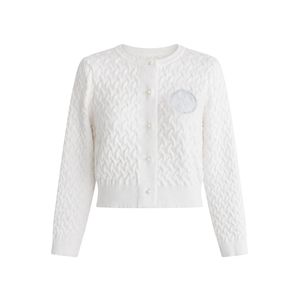 <b>Women</b>’s White <b>Cable</b> <b>Knit</b> Cropped Cardigan Pearl Button Long Sleeve Crew Neck Embroidered Casual <b>Sweater</b> Fashion Knitwear - Product Image 1