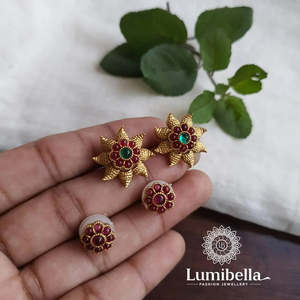 24K Gold Plated Oxidized Polish Vintage Number Hoop Earrings with Pearl-Stainless Steel Casual Multi Stud Combo - Product Image 1