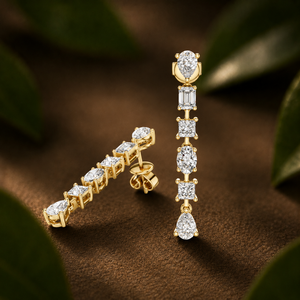 Pendientes lineales de oro amarillo de 18 quilates con diamantes cultivados en laboratorio de formas mixtas, cierre de rosca seguro, EF VVS, pendientes de boda, joyería fina para mujer. - Product Image 2