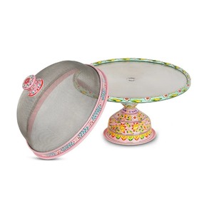 Support à gâteau en métal fait main avec motif floral et couvercle en dôme en maille, forme ronde, base rose, motif décoratif, ensemble de 2 pièces - Product Image 4