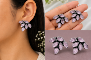Pendientes de tuerca de acero inoxidable con ónix plateado oxidado, diseño de hoja para amantes, joyería de moda para fiesta para mujer, venta al por mayor a granel - Product Image 2