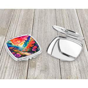 Espejo de maquillaje de viaje compacto de geranios coloridos, diseño de mano plegable con bolsillo decorativo para regalo de mujeres y niñas - Product Image 3