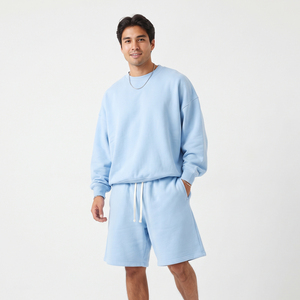 Conjunto de dos piezas de algodón vintage para hombre: Sudadera holgada de forro polar y pantalones cortos casuales con cintura con cordón y cuello redondo. - Product Image 1