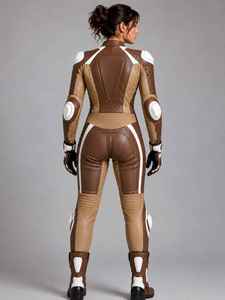 Traje de Motociclismo de Cuero para Mujer, Color Marrón y Blanco, con Bloques de Color, Armadura Protectora, de Una Pieza, Manga Larga - Product Image 2