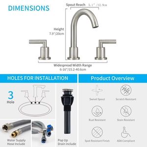 Modern 8-Inch Bathroom Faucet 2-Handle <b>Brushed</b> Nickel Sink Faucet 360 Degree Swivel Spout Widespread 3-Hole <b>Bath</b> Shower Faucets - Product Image 4