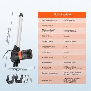 Attuatore Lineare 12V per Carichi Pesanti 1320 libbre/6000N, 12 Pollici, 0,19 Pollici/s, con Staffa di Montaggio e Cilindri - Categoria Prodotto - Product Image 4