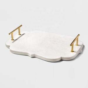 Plateau de service en marbre avec poignées dorées, plateau de service élégant en marbre, plateau de bar en marbre - Product Image 1