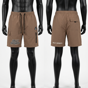 Pantalones cortos cortavientos marrones para hombre, 155 GSM, tela de poliéster premium, ligeros, de secado rápido, con bolsillos tipo cargo, logotipo personalizado. - Product Image 5