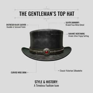 Premium <b>Black</b> Leather <b>Top</b> <b>Hat</b> with Structured High Crown Vintage Alternative Fashion Headwear for Cosplay - Product Image 2