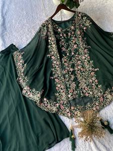 Ensemble trois pièces ethnique pour femme : kurta en faux georgette premium avec broderie à sequins, plazzo 35 pouces taille unique et shrug à pompons 40 pouces - Product Image 4