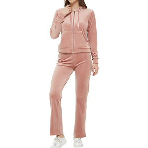Ensemble de survêtement en velours rose pour femmes, sweat-shirt à fermeture éclair intégrale et pantalon, vêtements décontractés d'hiver, respirant, séchage rapide, couleur unie, manches longues - Product Image 1