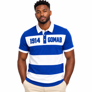 ฟีเบต้าซิกมา 1914 โกแมบเสื้อโปโลผู้ชายสีน้ำเงินรอยัลสีขาวแขนสั้นลายทางดีไซน์ปกพับได้พี่น้องภราดรภาพ - Product Image 1