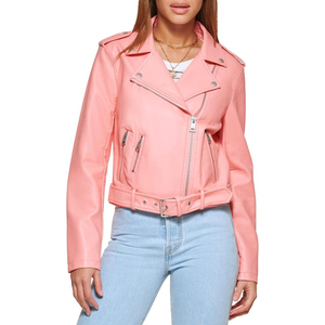 Veste en cuir PU rose pour femme, style moto, manches longues, fermeture éclair, col rabattu, couleur unie. - Product Image 1