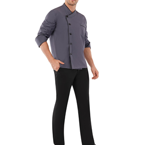 Veste de chef à manches longues blanche 100% coton avec col rayé contrasté en tissu tricoté en coton pour hommes du personnel de cuisine de restaurant - Product Image 5