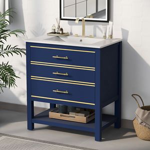 Modern 30-Inch Navy Blue/White Bathroom Vanity Combo with <b>Open</b> <b>Storage</b> & Two Drawers - Product Image 3