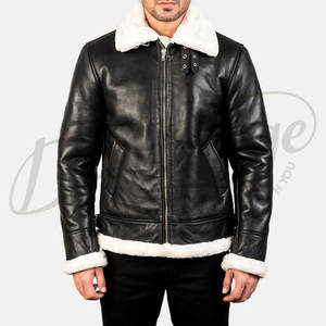 Chaqueta de Cuero Negra Premium para Hombre, Forrada con Piel Sintética Blanca, Estilo Aviador, Chaqueta de Invierno - Product Image 3