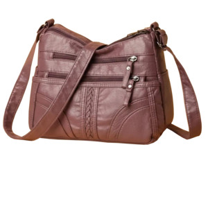Sac bandoulière en cuir véritable pour femme, avec panneaux unis, fermeture éclair classique, durable, pour usage quotidien toutes saisons - Product Image 3