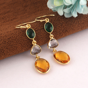 Attractive briolette hydro quartz checker cut fancy stone bezel setting drop <b>hook</b> <b>earring</b> handmade 18k gold plated brass dangle - Product Image 6