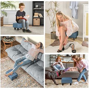 "Living Room Blue Linen Cube Ottoman <b>Footrest</b> with Durable Velvet Fabric" - Product Image 6