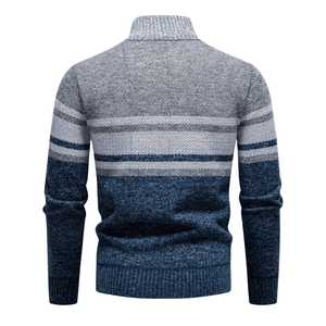 Pull en maille rayé pour homme, demi-zip, 12GG, 100% polyester, logo frontal, col standard, hiver, décontracté, business - Product Image 2