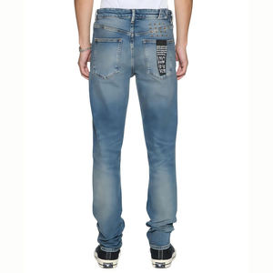Jeans de punto de cintura alta y pierna recta, 100% algodón transpirable, al por mayor, para hombre, personalizados, lavado azul claro, estilo urbano Hip Hop - Product Image 4