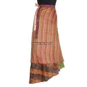 Fabulous 2 Layer <b>Wrap</b> Around Hippie Silk Long Skirt Silk Sari Stylish Exclusive Design <b>Sarong</b> <b>Wrap</b> Skirt - Product Image 4