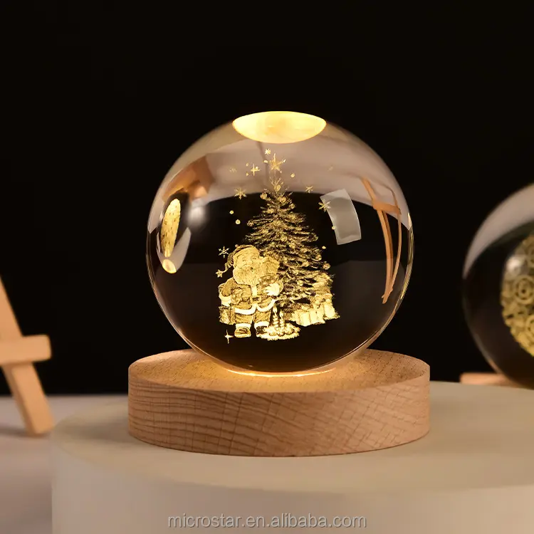 Luz De Natal Decoração 3D Gravação A Laser Boneco De Neve Bola De Cristal Do Natal Com Led Light Wood Base Presente Decoração De Natal